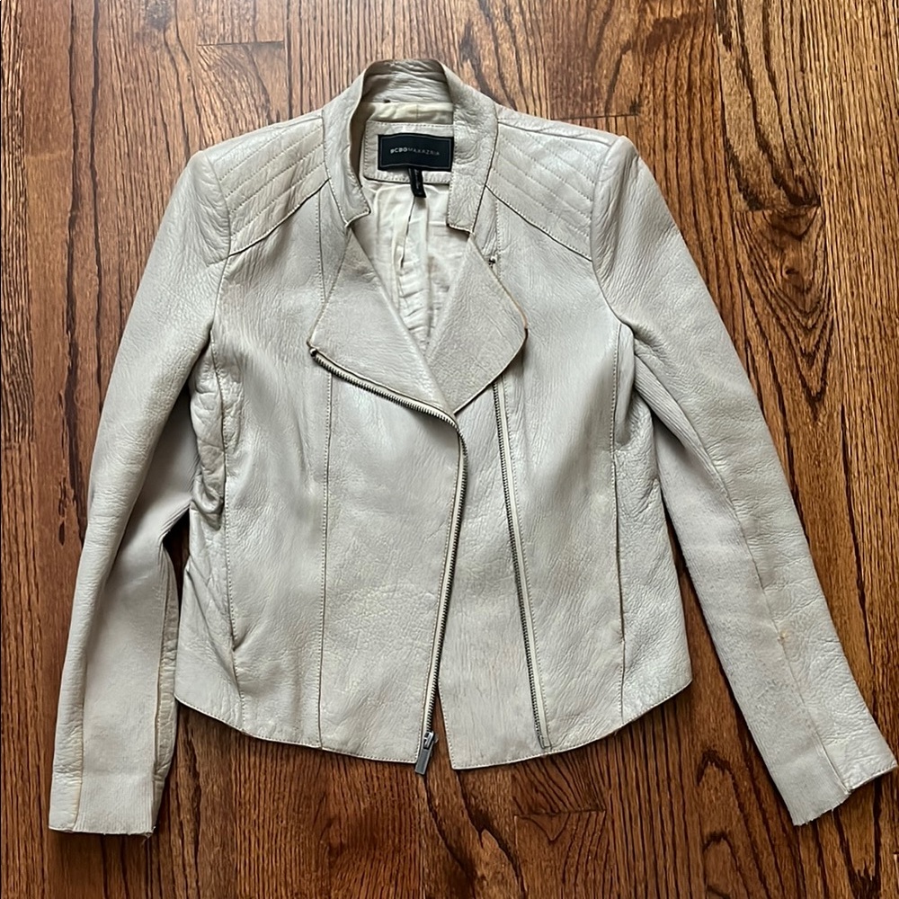 BCBGMaxAzria Cream Leather Moto Jacket